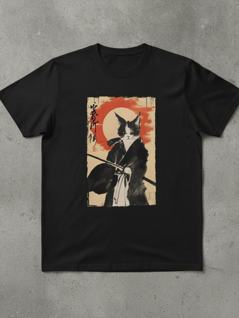Samurai Cat Japanese Warrior Katana Rising Sun Retro Art Black T-Shirt